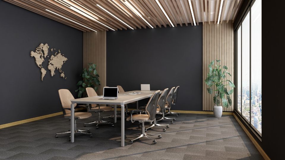 Rendering di una sala riunioni contemporanea con luce naturale e finiture in legno