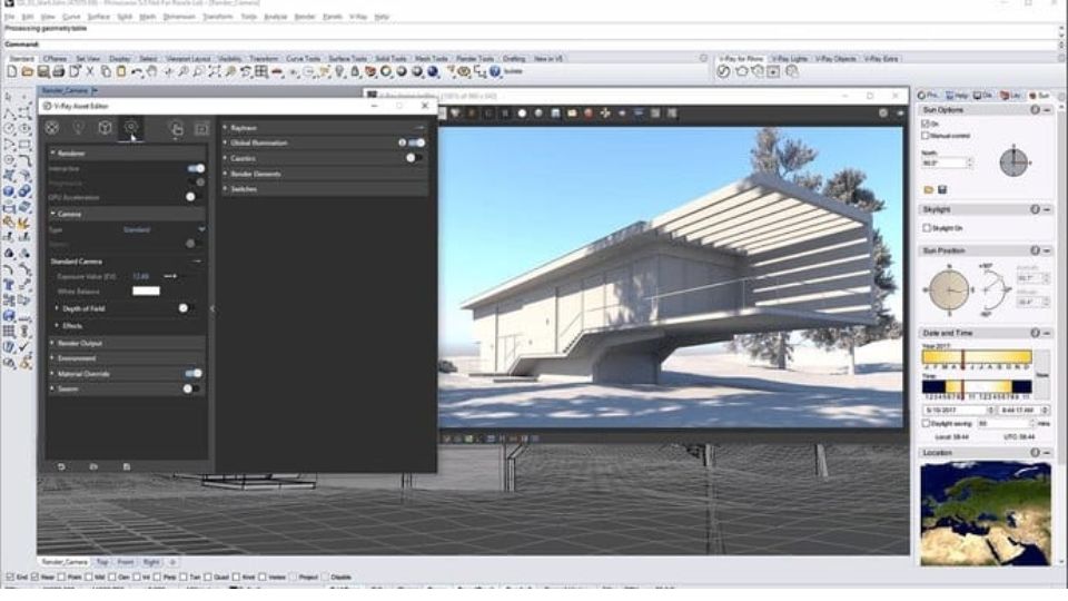 Interfaccia di SketchUp con strumenti V-Ray e anteprima di un progetto architettonico