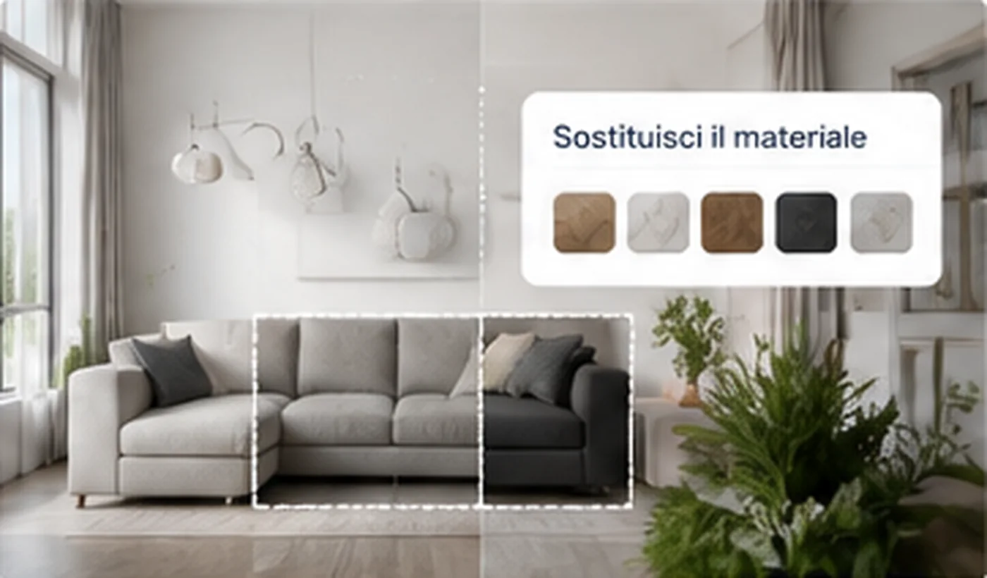 Modifica selettiva con MyArchitectAI di materiali e oggetti in una visualizzazione architettonica
