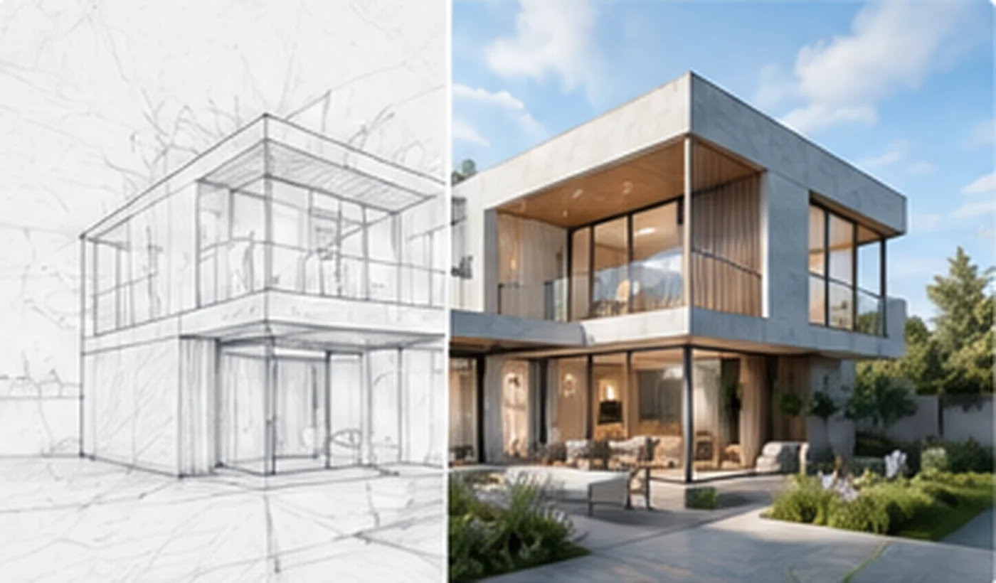Varianti stilistiche MyArchitectAI generate da una vista di progetto e da un'immagine di riferimento