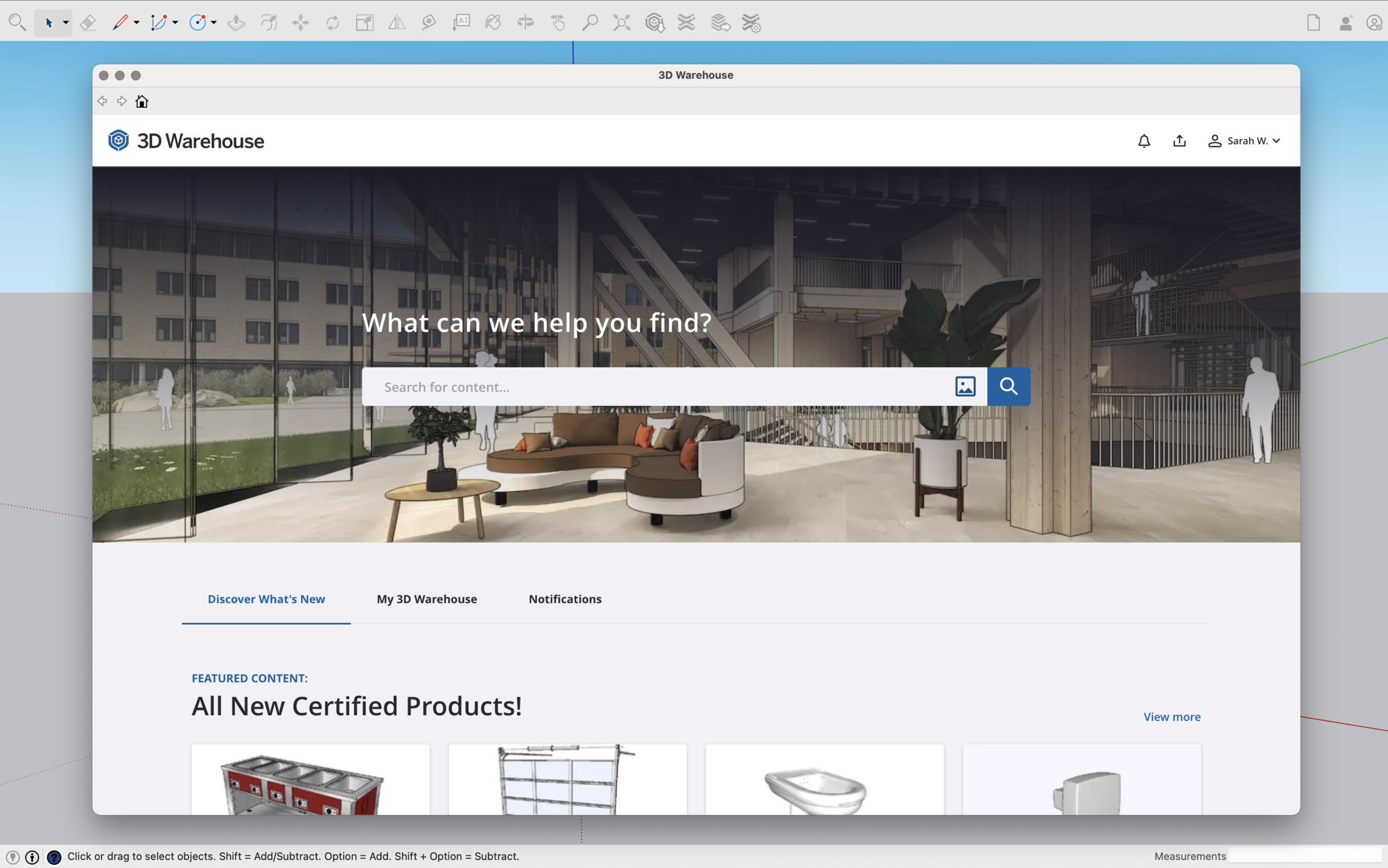 Interfaccia di 3D Warehouse con ricerca di modelli per SketchUp