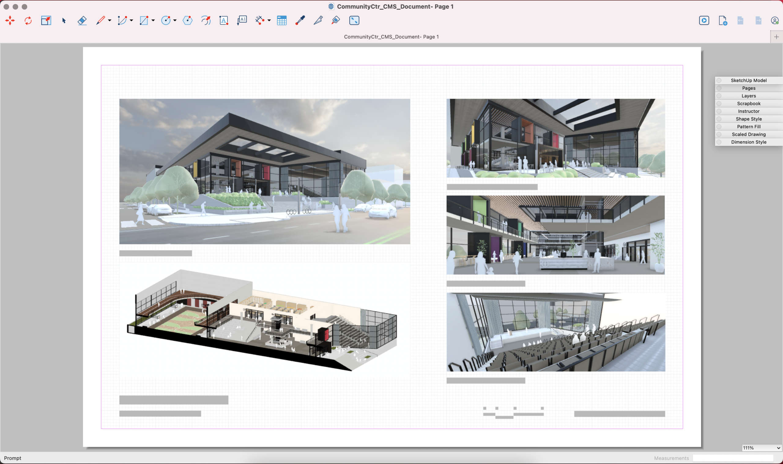 Interfaccia di LayOut con viste, quote e tavole derivate da un modello SketchUp